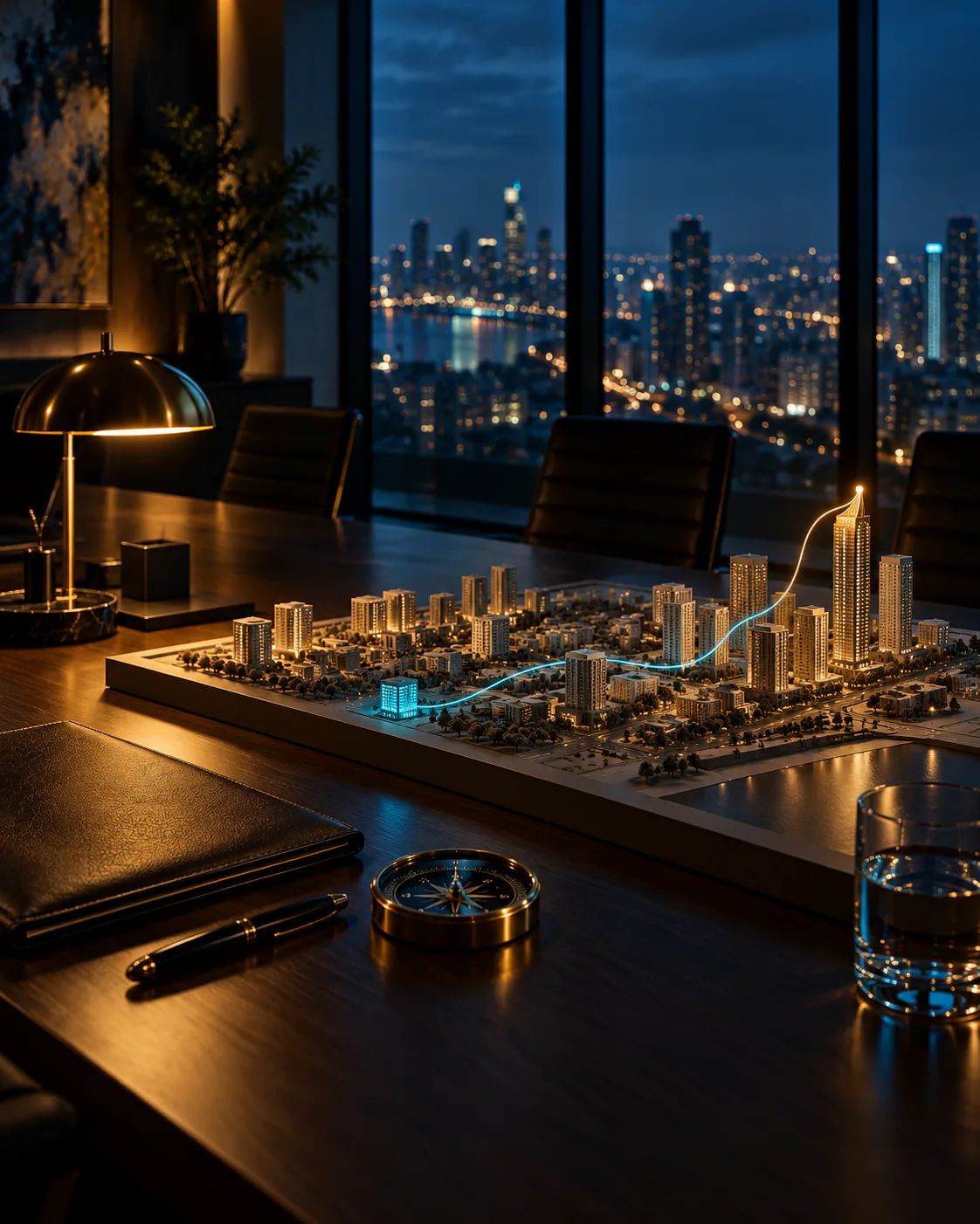 Architectural model of a city district on a boardroom table, a glowing route line climbing to its tallest tower
